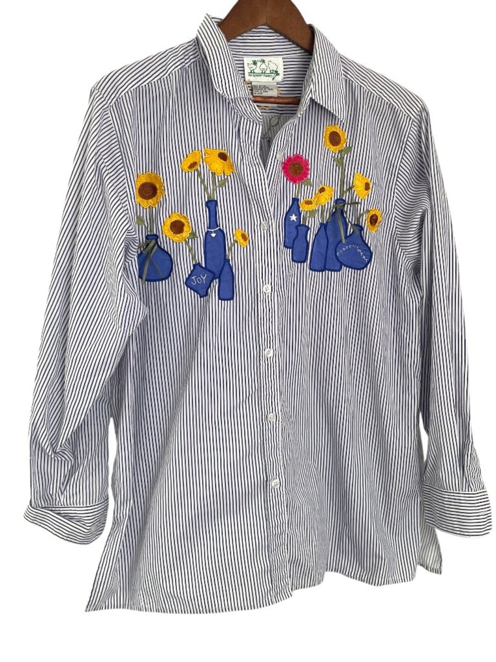 The Quacker Factory Button Down Shirt L Blue White Striped Embroidered Sunflower